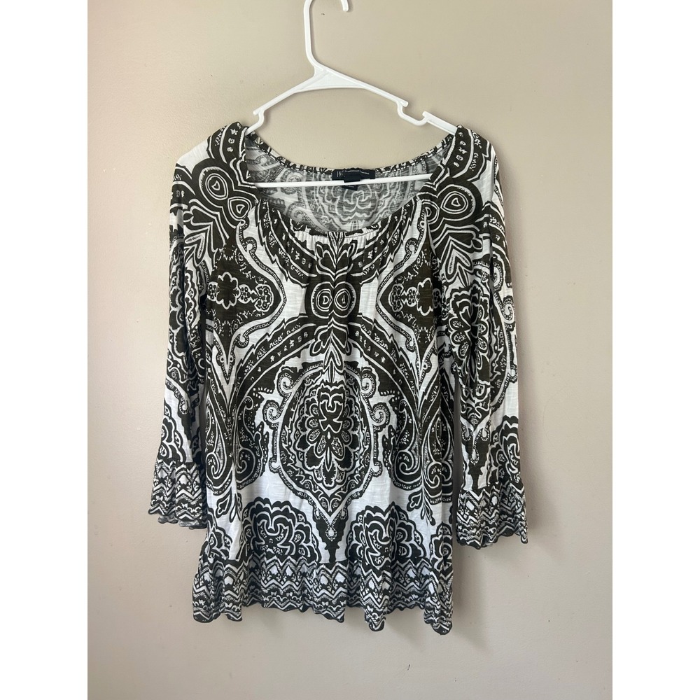 INC International Concepts Top Women's S Brown White Paisley 3/4 Sleeve Y2K‎